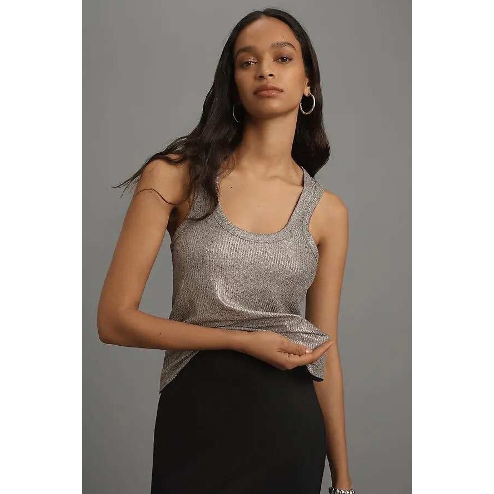 Pilcro Metallic Silver Ribbed Tank Top